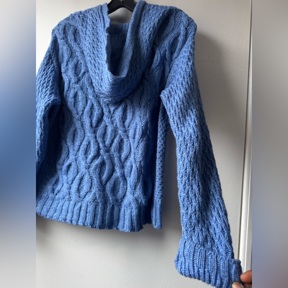 Aran Women’s Wool Cable Knit Hoodie Light Blue Cable-Knit Zip Sweater - Picture 10 of 15